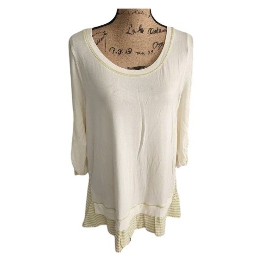 Matilda Jane Womens Cream Lime Green Striped Layered Tunic Top 3/4 Sleeve Size M